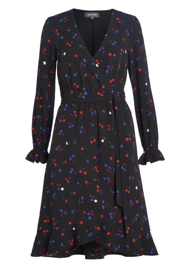 Sosandar Dresses Women Black Cherry Print Wrap Dress Black