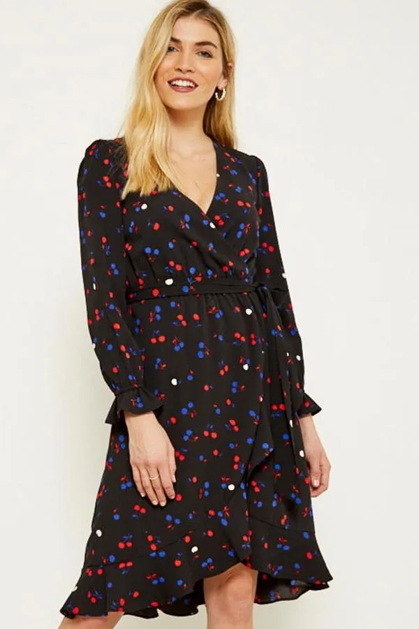 Sosandar Dresses Women Black Cherry Print Wrap Dress Black
