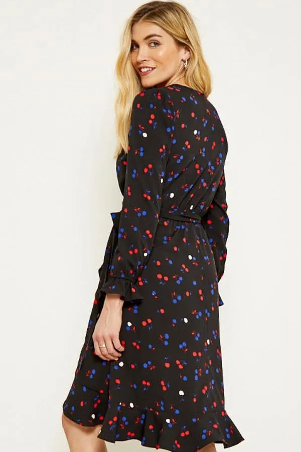 Sosandar Dresses Women Black Cherry Print Wrap Dress Black