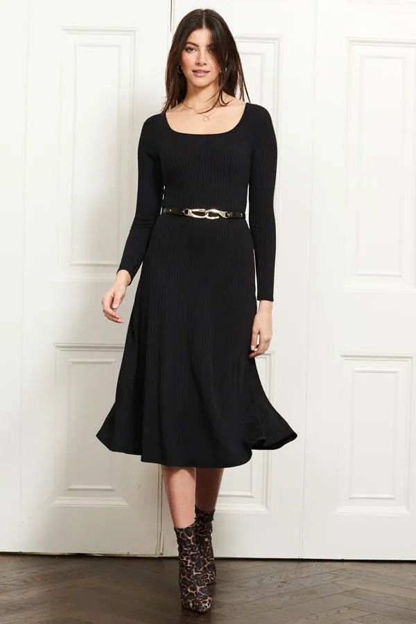 Sosandar Dresses Women Black Jersey Ribbed Fit and Flare Midi Dress Black