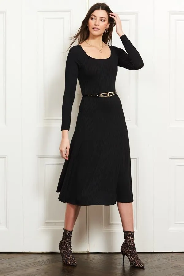 Sosandar Dresses Women Black Jersey Ribbed Fit and Flare Midi Dress Black