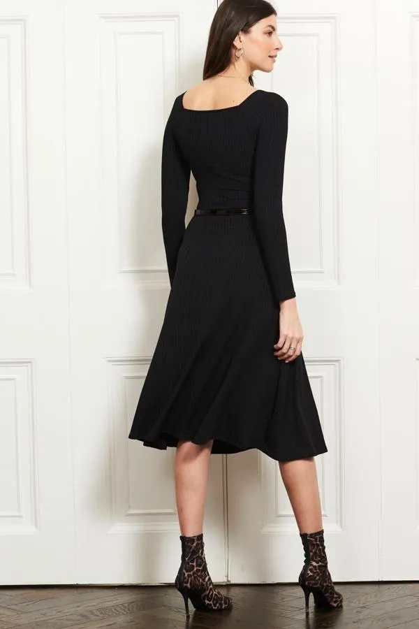 Sosandar Dresses Women Black Jersey Ribbed Fit and Flare Midi Dress Black