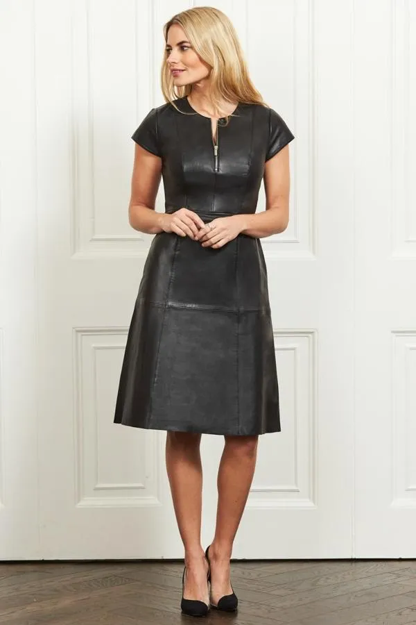 Sosandar Dresses Women Black Luxury Leather Zip Front Fit and Flare Dress Black