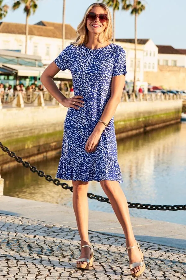 Sosandar Dresses Women Blue and White Leopard Print Ruffle Hem Shift Dress Blue White Sosandar Dresses Women Blue and White Leopard Print Ruffle Hem Shift Dress Blue White