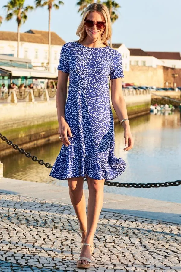 Sosandar Dresses Women Blue and White Leopard Print Ruffle Hem Shift Dress Blue White