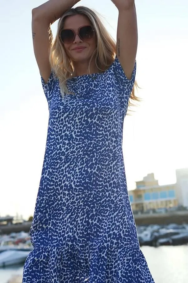 Sosandar Dresses Women Blue and White Leopard Print Ruffle Hem Shift Dress Blue White