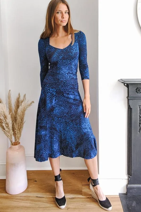 Sosandar Dresses Women Blue Animal Print Sweetheart Neckline Midi Dress Blue