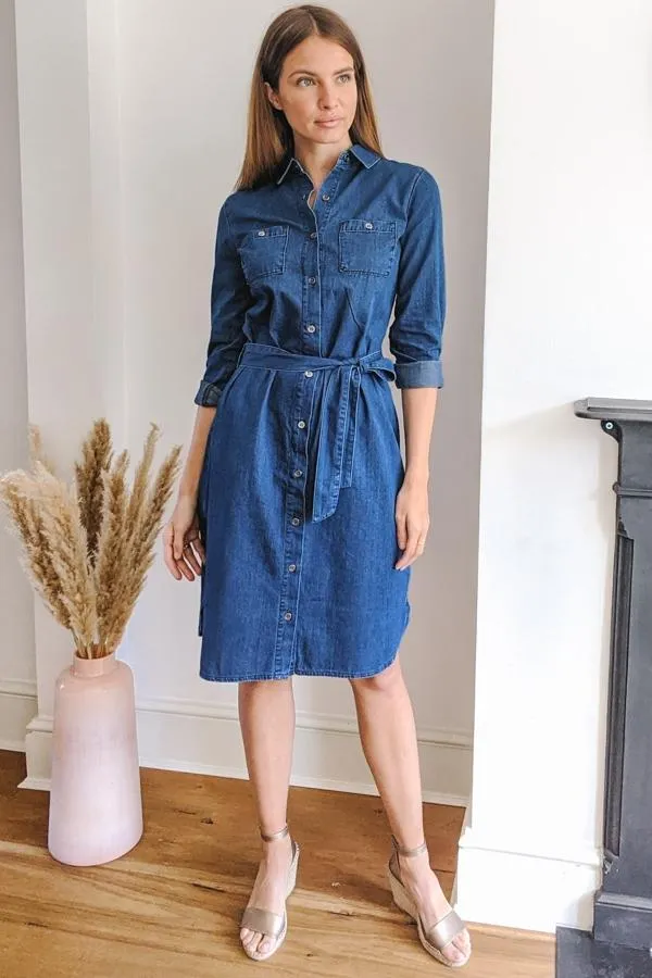Sosandar Dresses Women Blue Belted Super Soft Denim Shirt Dress Blue