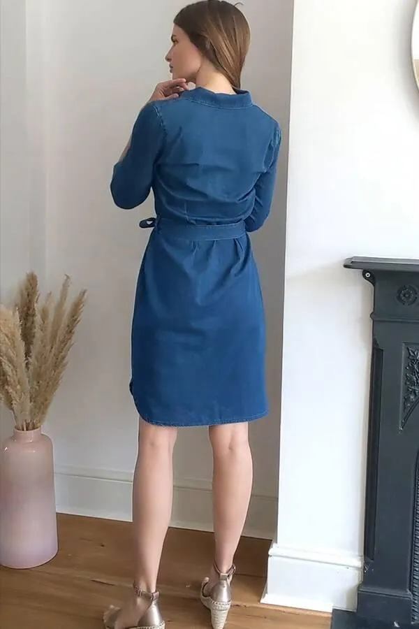 Sosandar Dresses Women Blue Belted Super Soft Denim Shirt Dress Blue