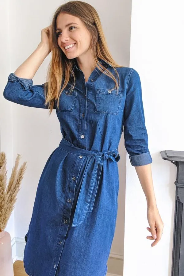 Sosandar Dresses Women Blue Belted Super Soft Denim Shirt Dress Blue