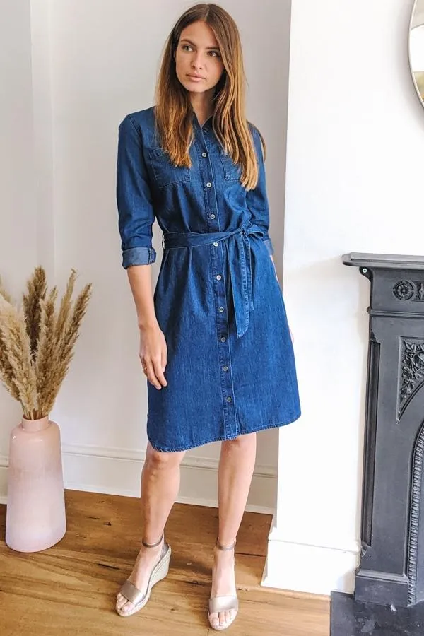 Sosandar Dresses Women Blue Belted Super Soft Denim Shirt Dress Blue