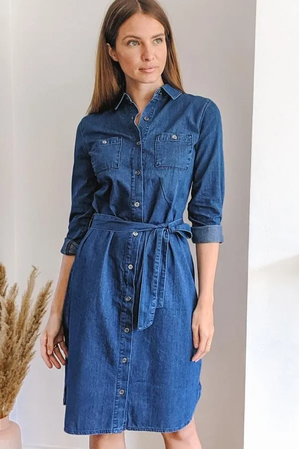 Sosandar Dresses Women Blue Belted Super Soft Denim Shirt Dress Blue