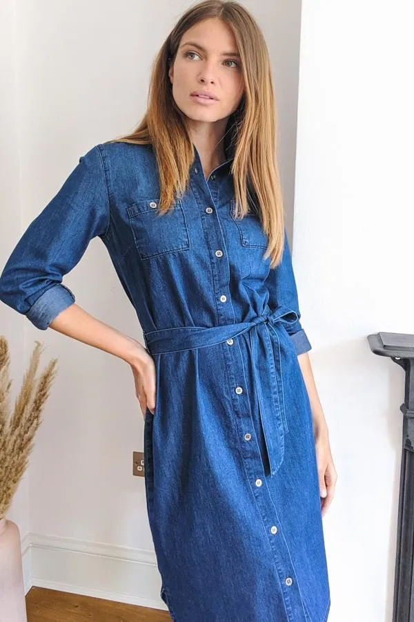 Sosandar Dresses Women Blue Belted Super Soft Denim Shirt Dress Blue