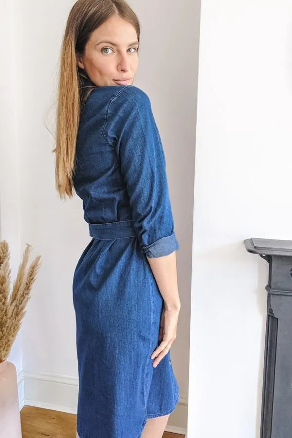 Sosandar Dresses Women Blue Belted Super Soft Denim Shirt Dress Blue