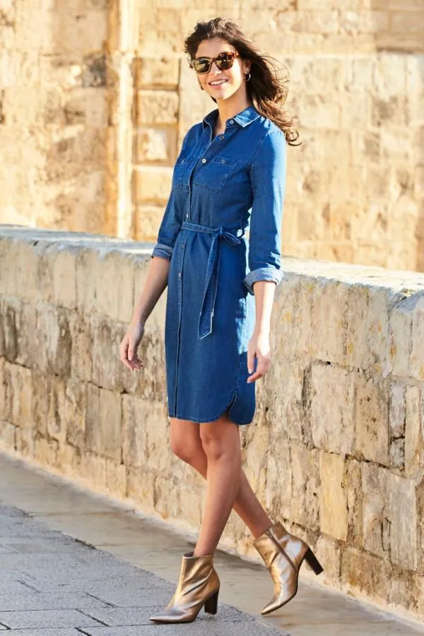 Sosandar Dresses Women Blue Belted Super Soft Denim Shirt Dress Blue