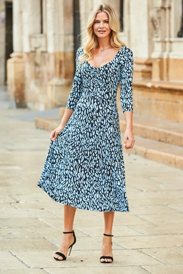 Sosandar Dresses Women Blue Fleck Print Sweetheart Neck Midi Dress Blue
