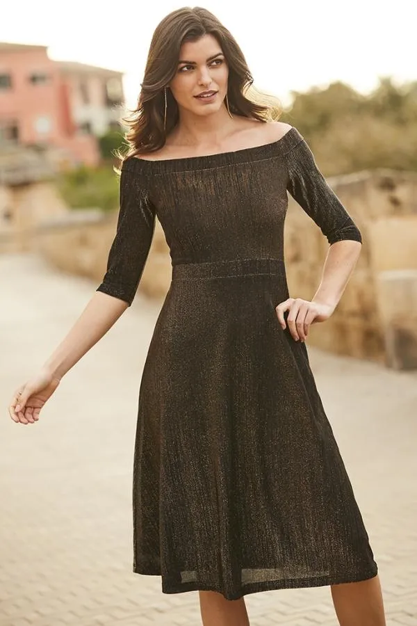 Sosandar Dresses Women Bronze Metallic Bardot Fit and Flare Dress