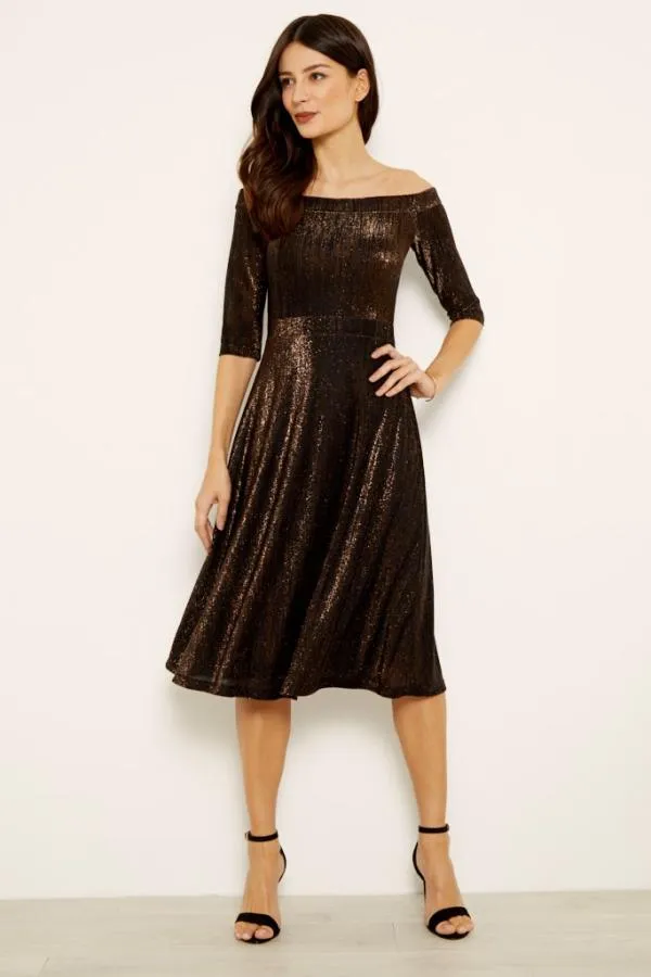 Sosandar Dresses Women Bronze Metallic Bardot Fit and Flare Dress