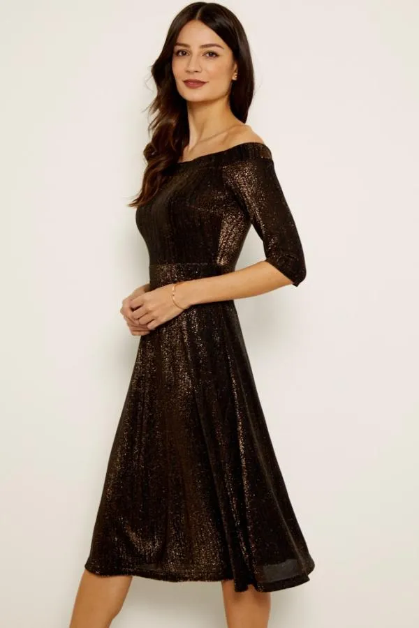 Sosandar Dresses Women Bronze Metallic Bardot Fit and Flare Dress