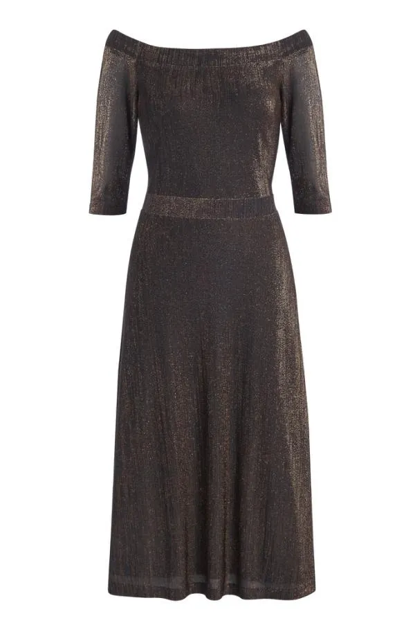 Sosandar Dresses Women Bronze Metallic Bardot Fit and Flare Dress