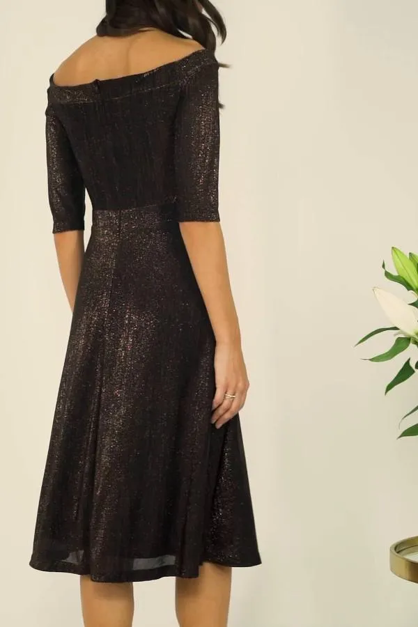 Sosandar Dresses Women Bronze Metallic Bardot Fit and Flare Dress