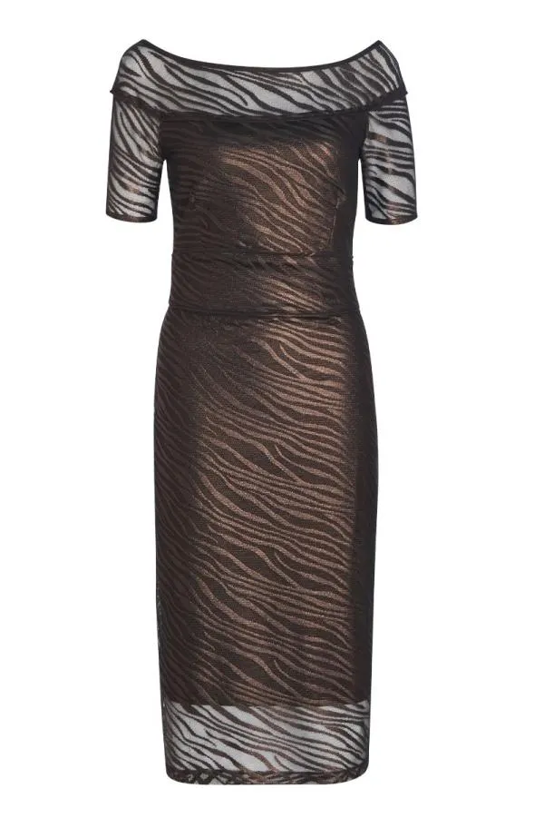 Sosandar Dresses Women Bronze Zebra Print Mesh Bardot Dress