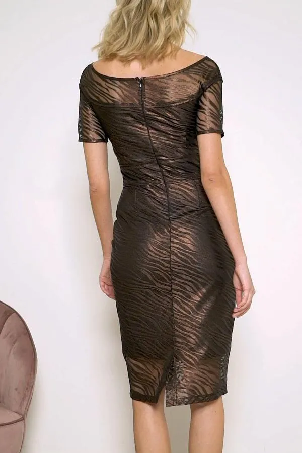 Sosandar Dresses Women Bronze Zebra Print Mesh Bardot Dress