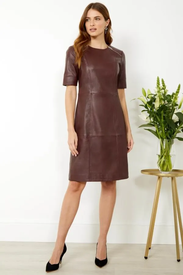 Sosandar Dresses Women Burgundy Leather Zip Detail Shift Dress Burgundy