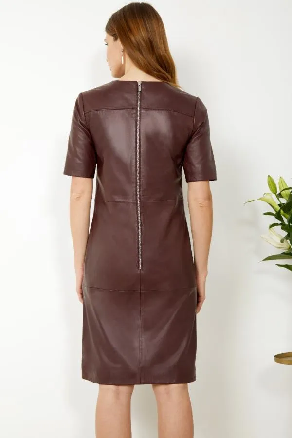 Sosandar Dresses Women Burgundy Leather Zip Detail Shift Dress Burgundy