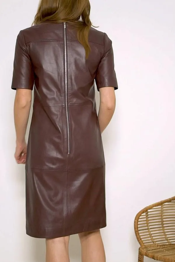 Sosandar Dresses Women Burgundy Leather Zip Detail Shift Dress Burgundy