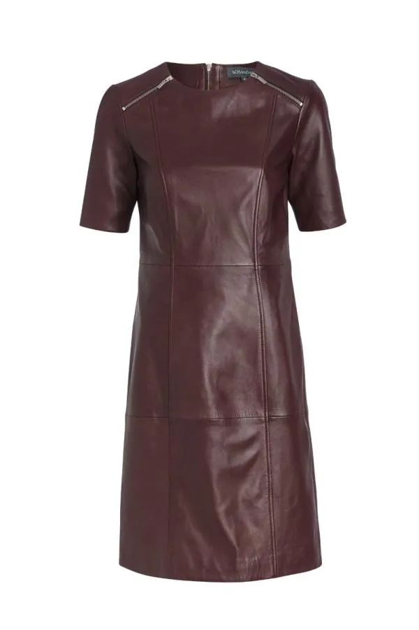 Sosandar Dresses Women Burgundy Leather Zip Detail Shift Dress Burgundy