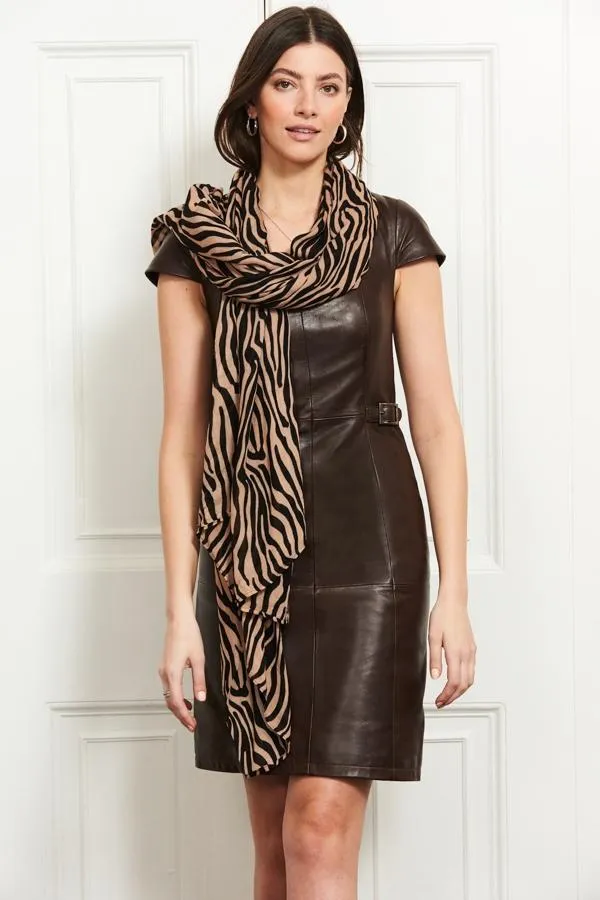 Sosandar Dresses Women Chocolate Leather Square Neck Buckle Detail Dress