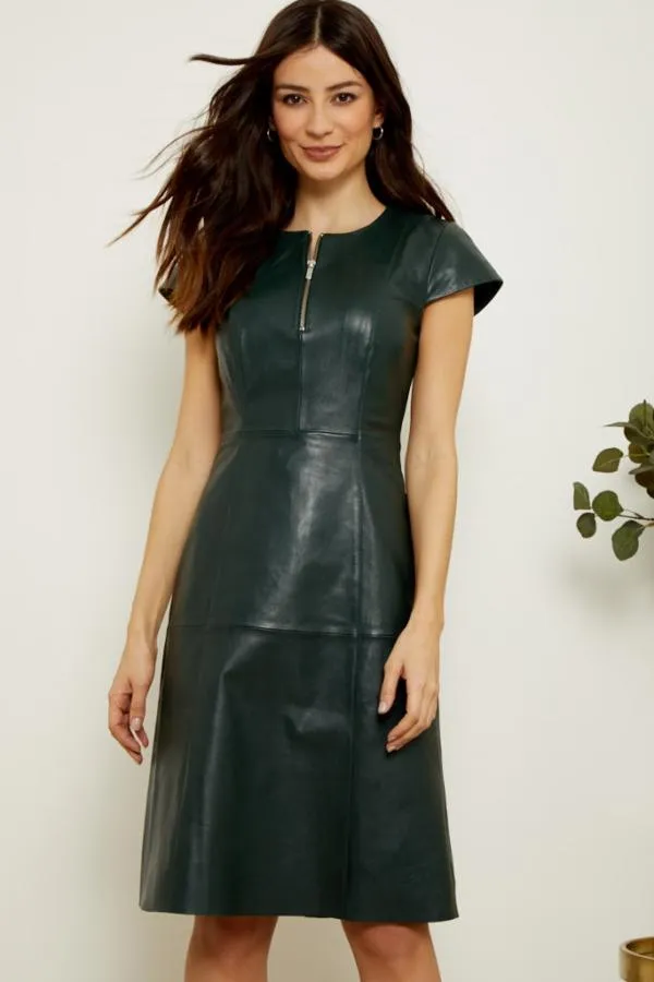Sosandar Dresses Women Dark Green Leather Zip Front Fit and Flare Dress Dark Green Sosandar Dresses Women Dark Green Leather Zip Front Fit and Flare Dress Dark Green