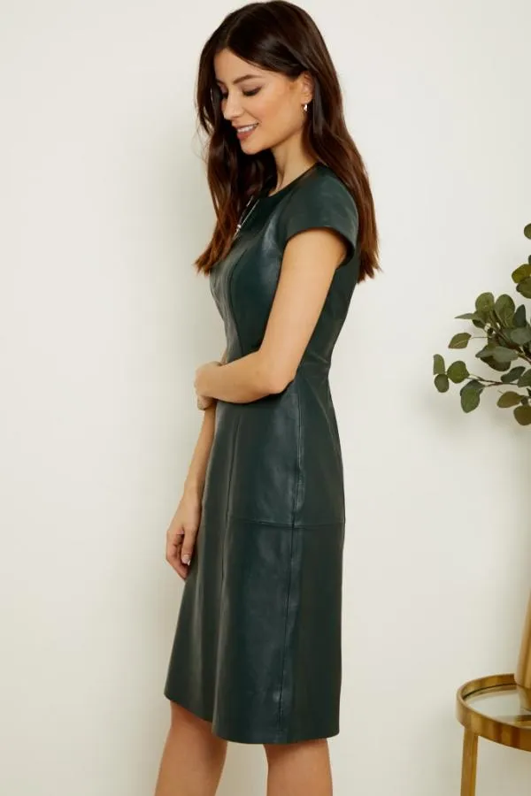 Sosandar Dresses Women Dark Green Leather Zip Front Fit and Flare Dress Dark Green