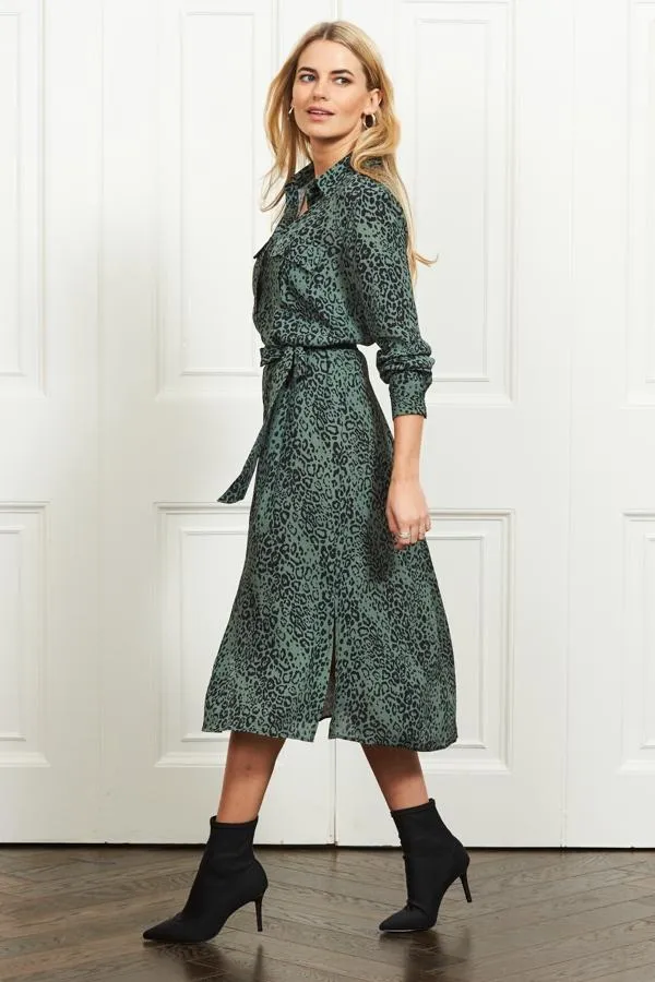 Sosandar Dresses Women Green and Black Animal Print Belted Shirt Dress Green Black Sosandar Dresses Women Green and Black Animal Print Belted Shirt Dress Green Black