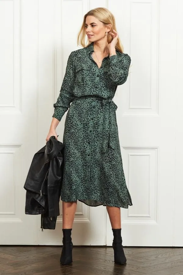 Sosandar Dresses Women Green and Black Animal Print Belted Shirt Dress Green Black