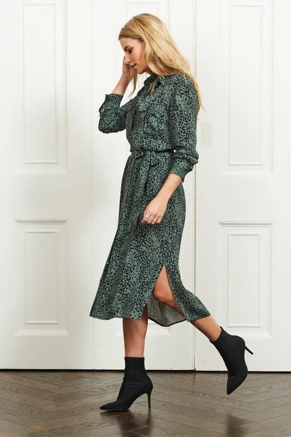 Sosandar Dresses Women Green and Black Animal Print Belted Shirt Dress Green Black