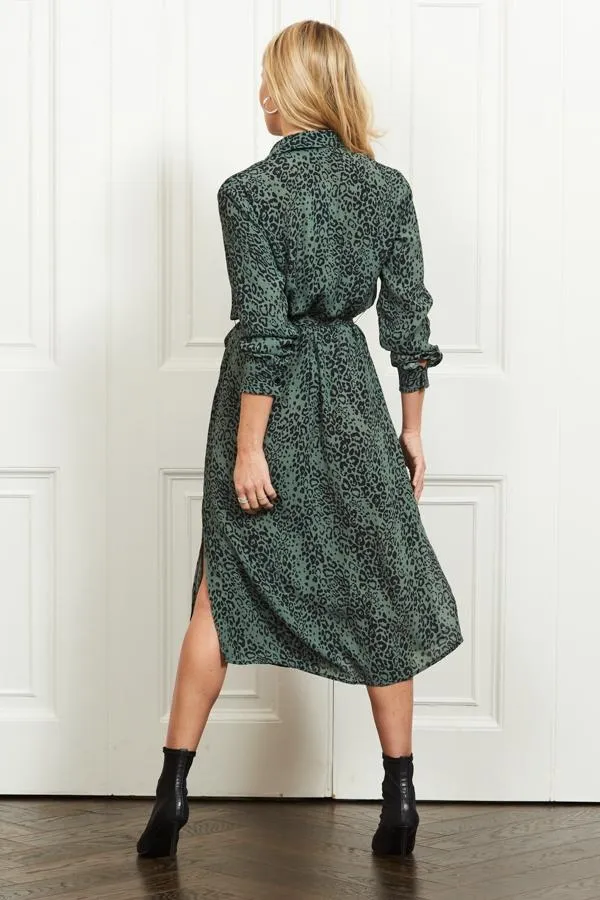 Sosandar Dresses Women Green and Black Animal Print Belted Shirt Dress Green Black