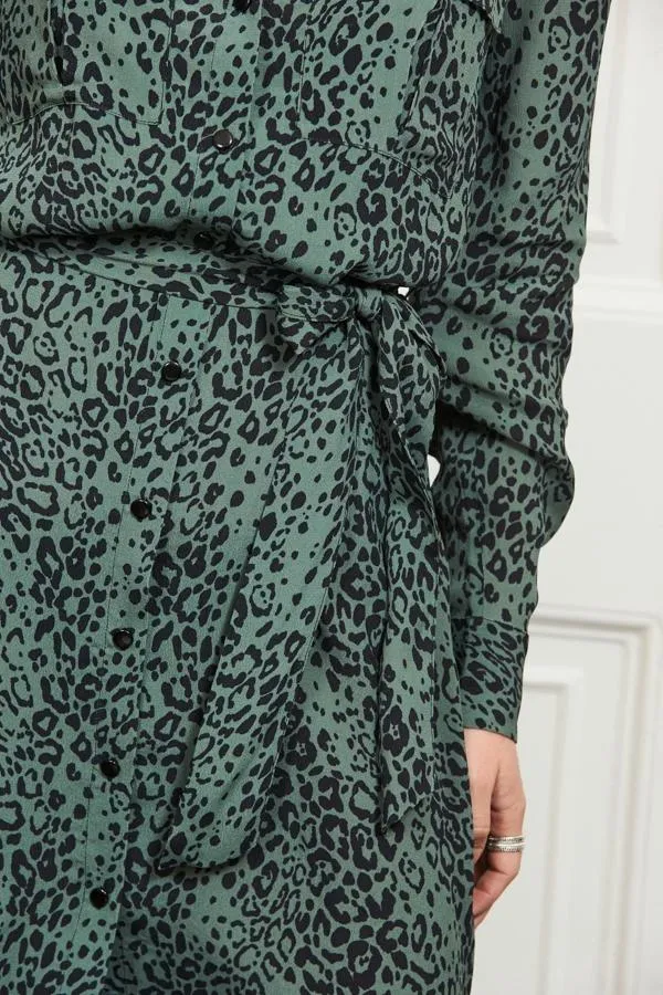 Sosandar Dresses Women Green and Black Animal Print Belted Shirt Dress Green Black
