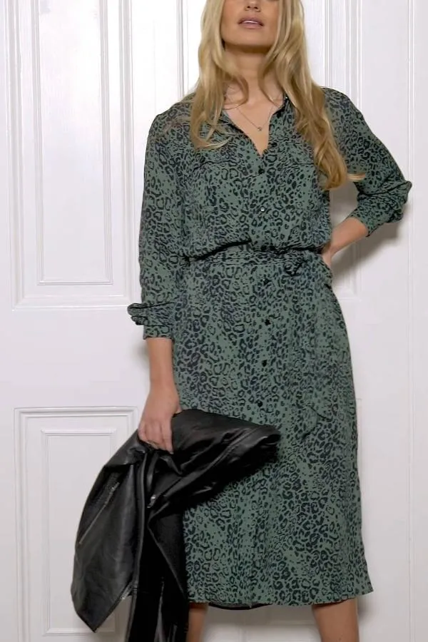 Sosandar Dresses Women Green and Black Animal Print Belted Shirt Dress Green Black