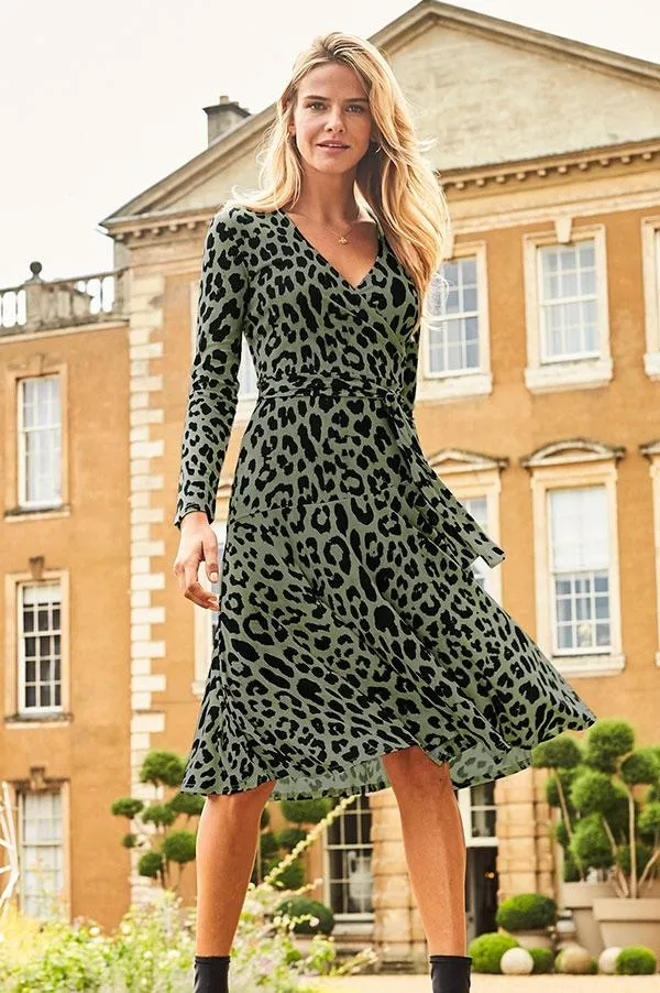 Sosandar Dresses Women Khaki and Black Animal Print Faux Wrap Midi Dress Black Sosandar Dresses Women Khaki and Black Animal Print Faux Wrap Midi Dress Black