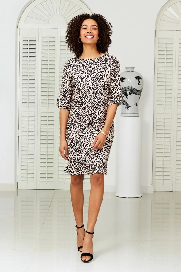 Sosandar Dresses Women Leopard Print Split Sleeve Ruffle Hem Shift Dress