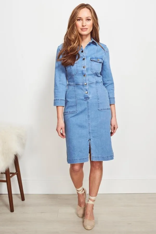Sosandar Dresses Women Light Wash Popper Front 34 Sleeve Stretch Denim Dress Light Wash Sosandar Dresses Women Light Wash Popper Front 34 Sleeve Stretch Denim Dress Light Wash