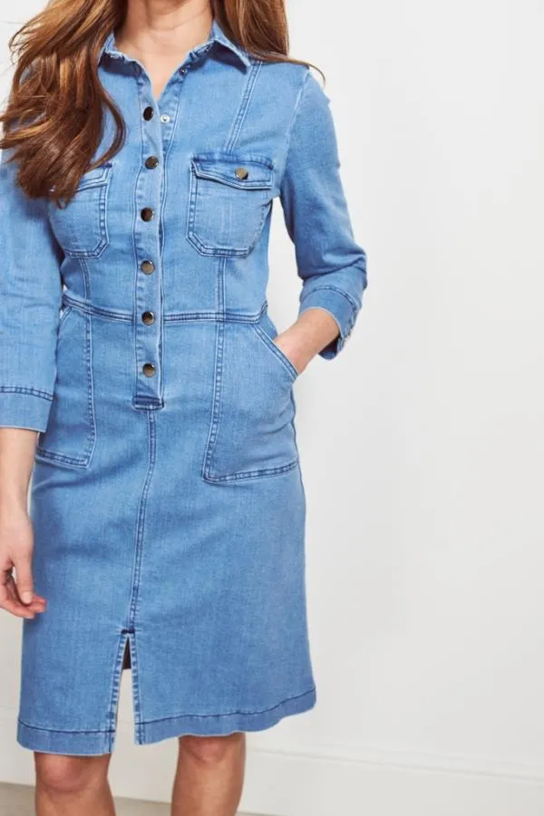 Sosandar Dresses Women Light Wash Popper Front 34 Sleeve Stretch Denim Dress Light Wash
