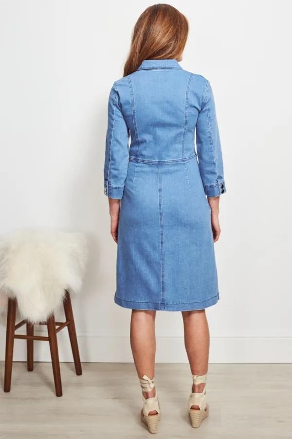 Sosandar Dresses Women Light Wash Popper Front 34 Sleeve Stretch Denim Dress Light Wash