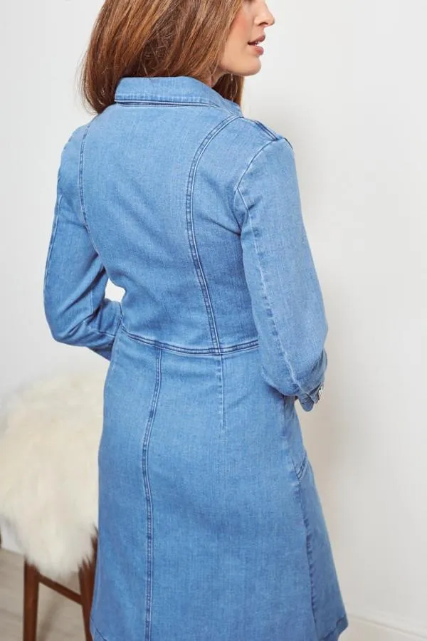 Sosandar Dresses Women Light Wash Popper Front 34 Sleeve Stretch Denim Dress Light Wash