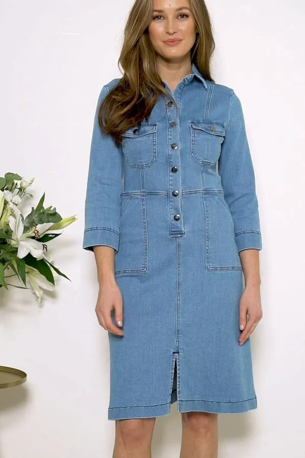 Sosandar Dresses Women Light Wash Popper Front 34 Sleeve Stretch Denim Dress Light Wash
