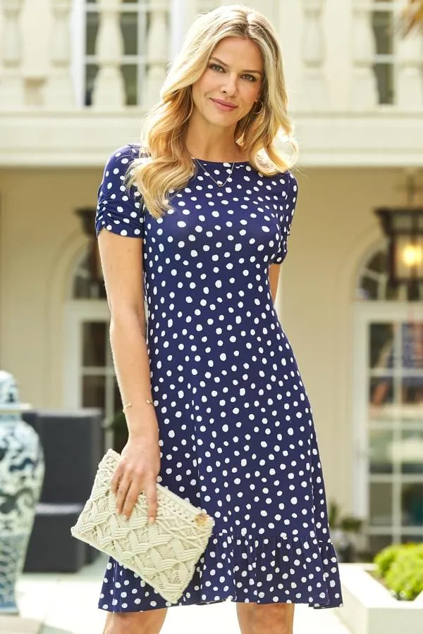 Sosandar Dresses Women Navy and White Spot Print Ruched Sleeve Jersey Shift Dress Navy White Sosandar Dresses Women Navy and White Spot Print Ruched Sleeve Jersey Shift Dress Navy White