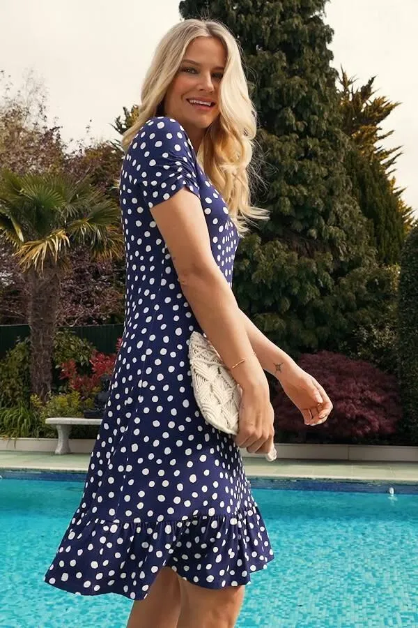 Sosandar Dresses Women Navy and White Spot Print Ruched Sleeve Jersey Shift Dress Navy White