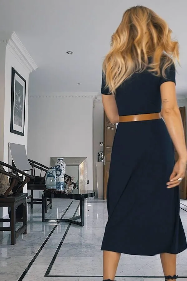 Sosandar Dresses Women Navy Blue Scoop Neck Jersey Midi Dress With Pockets Navy Blue